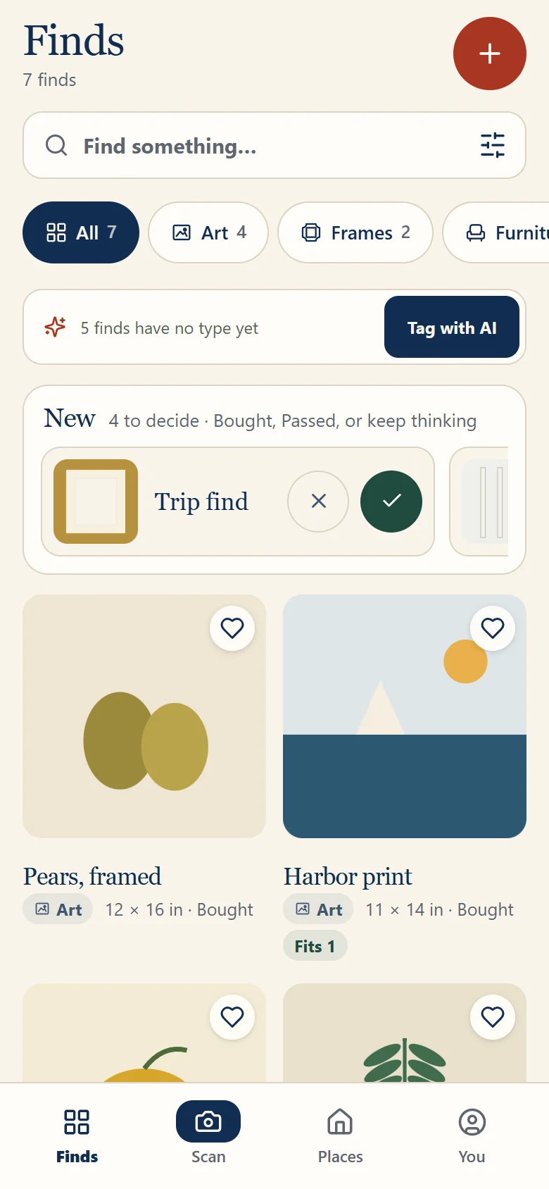 Finds on a phone: type filters, a prompt to tag five finds with AI, new finds to decide on, and the collection below