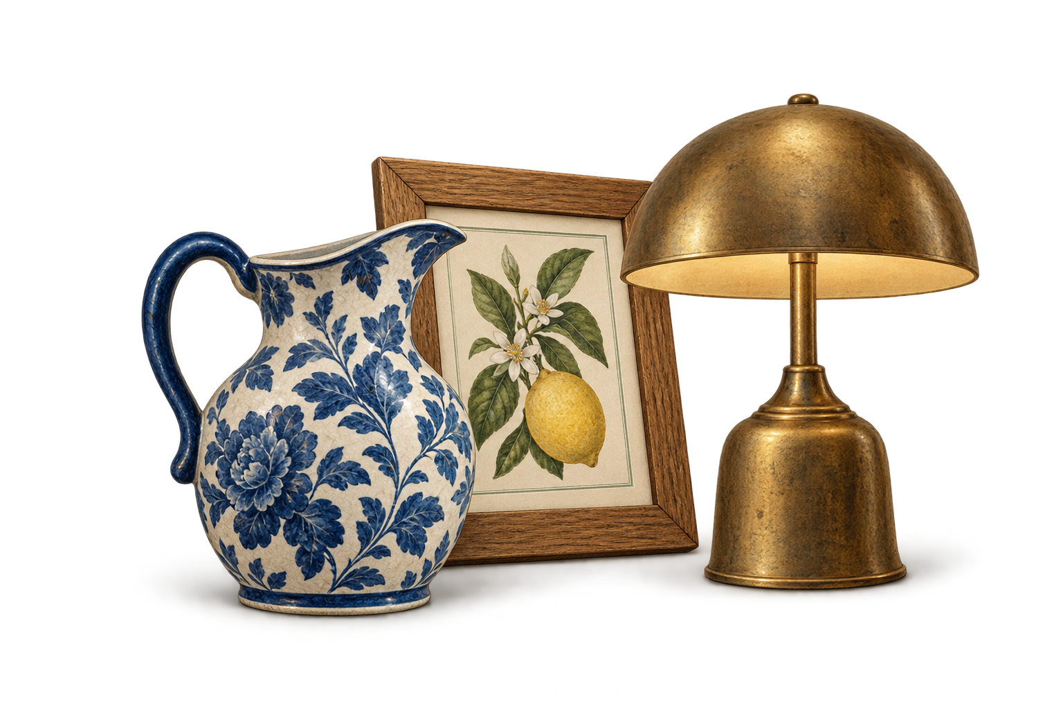 A blue and white pitcher, a framed lemon print and a brass lamp