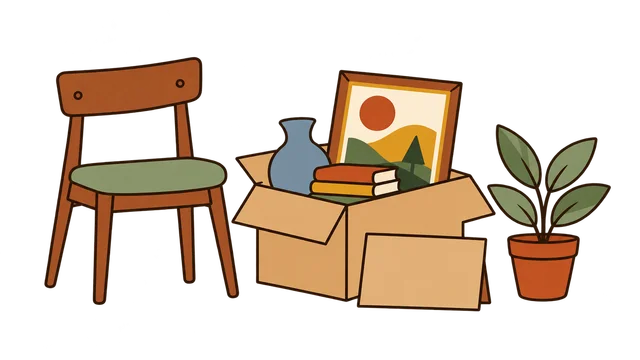An illustrated chair, a box of finds and a potted plant.
