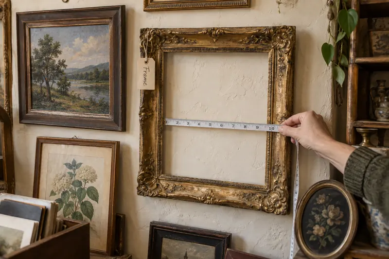 A hand measuring the opening of an ornate gilt frame tagged Frame, on a wall of landscape and botanical paintings