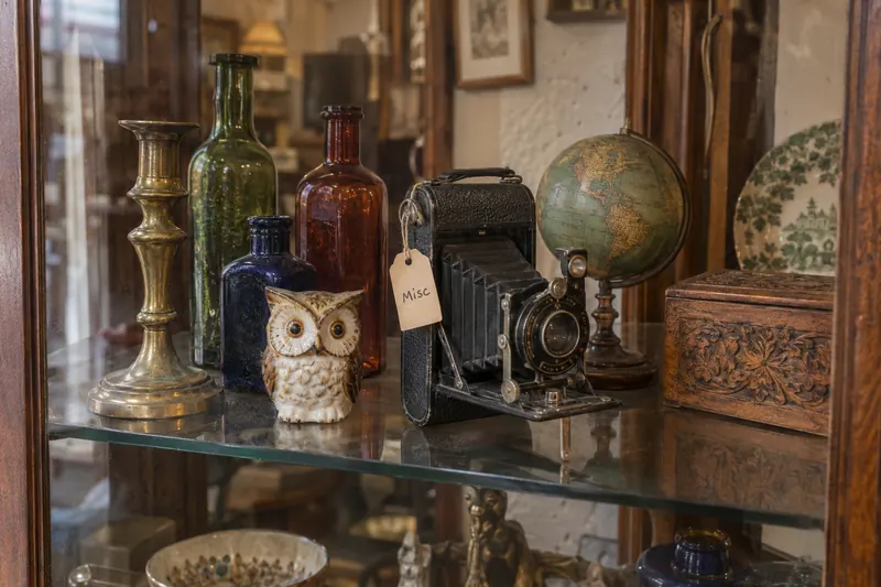 A folding camera tagged Misc in a glass cabinet with a brass candlestick, old glass bottles, a ceramic owl and a small globe