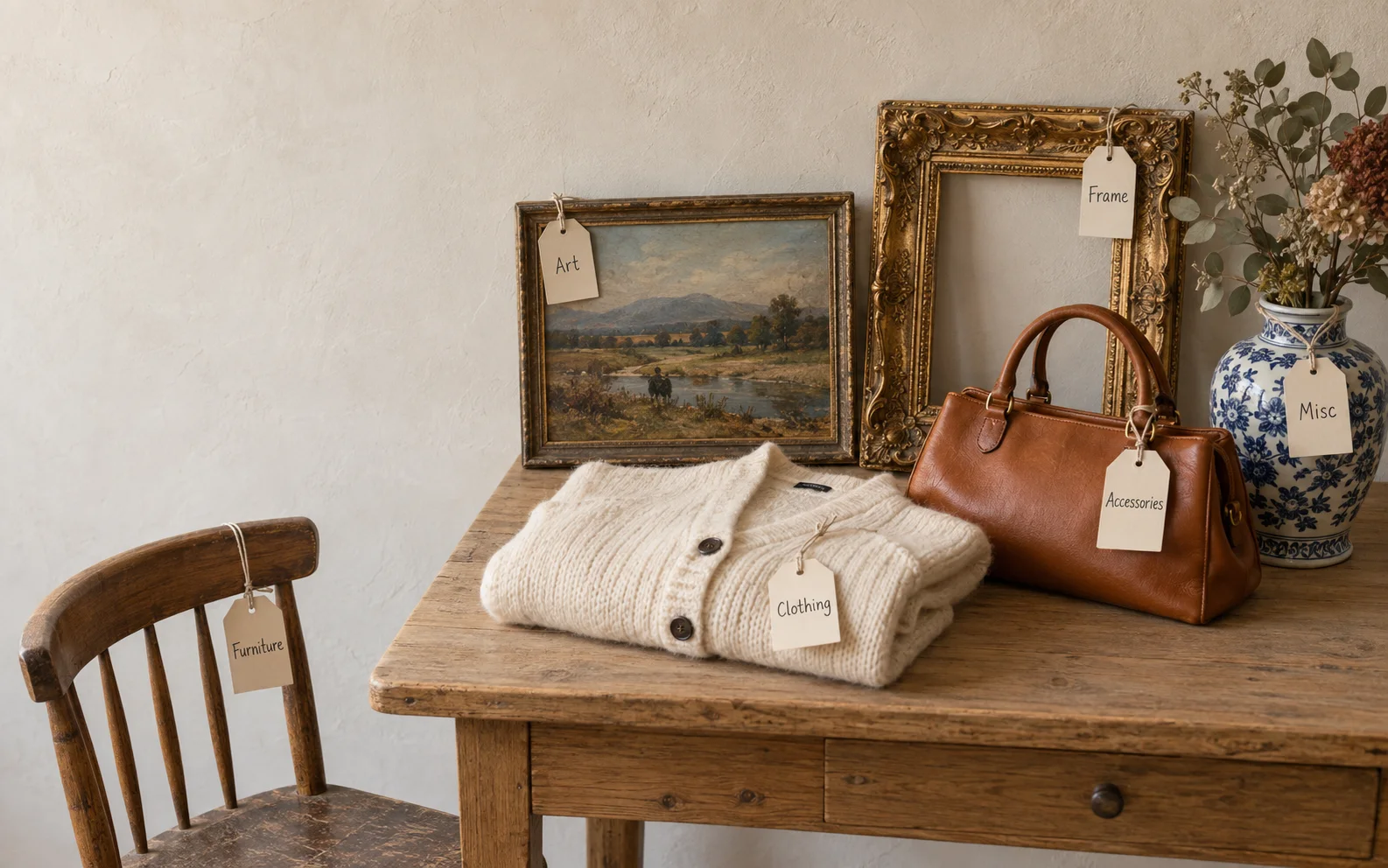A landscape painting, an empty gilt frame, a cream cardigan, a leather bag, a wooden chair and a blue and white vase, each with a paper tag naming its type